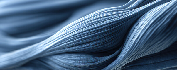 Intricate blue textured fabric in close-up showcasing waves and folds in a detailed view