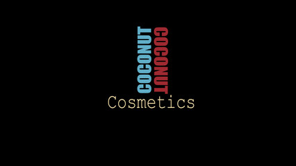 Modern black background with bold vertical blue and red 'Coconut cosmetics,  text for high contrast, contemporary branding suitable for tech startups and creative agencies.