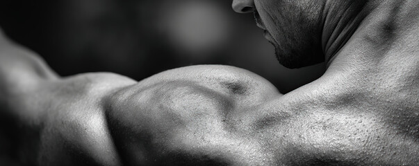 Strong muscular arm flexing in black and white showcasing impressive definition in a dimly lit environment