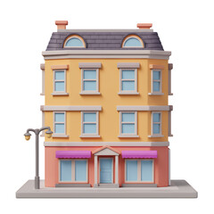 Naklejka premium Three Story Building with Yellow Facade Gray Roof Pink Awnings on Transparent Background