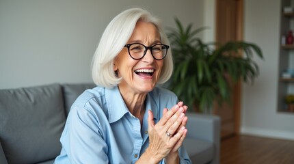 Joyful Senior Woman with White Hair and Glasses Laughing Heartily, Clapping Hands in a Comfortable Home Setting.