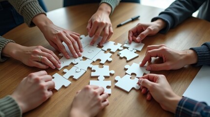 United Team Hands Collaborating to Assemble a White Puzzle on a Wooden Table, Symbolizing Problem-Solving and Teamwork.