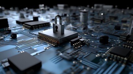 Digital circuit board with lock showcasing technology security concept. AI generated.
