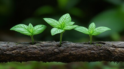 Three young green sprouts growing from a decaying log in a forest.