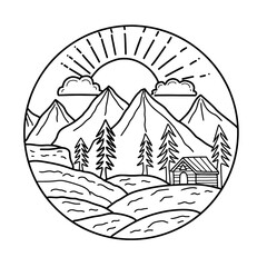 Hand drawn mountain landscape with circular cabin vector art