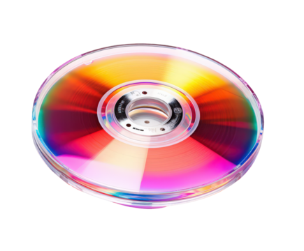 A stack of iridescent cds, isolated on transparent background, shimmers with rainbow colors, representing the storage of digital data and the evolution of technology