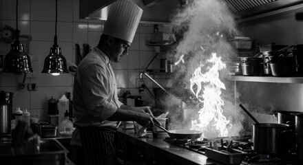Culinary Silhouette: A Chef's Passion - A chef's silhouette, flames, steam, culinary skill, kitchen artistry. Symbolizing passion, dedication, expertise, intensity, and flavor