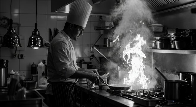 Culinary Silhouette: A Chef's Passion - A chef's silhouette, flames, steam, culinary skill, kitchen artistry. Symbolizing passion, dedication, expertise, intensity, and flavor