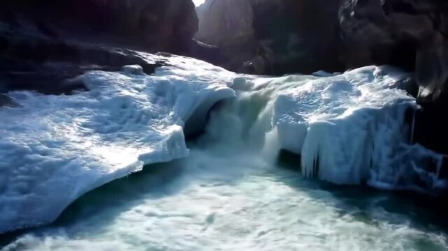 Frozen waterfall cascading through icy caverns