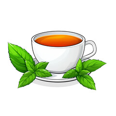 White Cup of Amber Tea with Fresh Green Mint Leaves