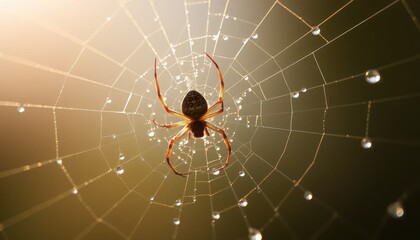 Detailed close-up of a spider spinning a web in early morning light, with glistening dew drops on silk threads 2