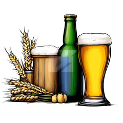 Wooden Beer Mug, Green Bottle, and Beer Glass with Wheat Stalks