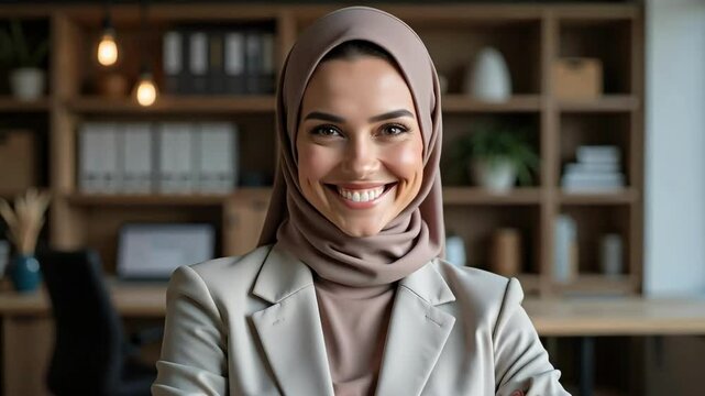 Confident Middle Eastern businesswoman smiles warmly in a professional office close up, wearing a formal blazer and optionally a headscarf in 4k footage.