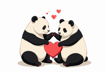 Naklejka premium Two pandas holding a red heart and surrounded by floating hearts 