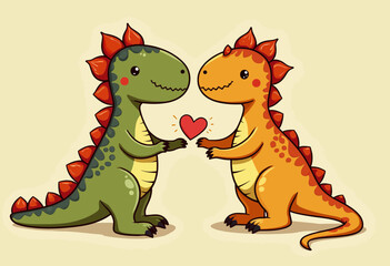 Obraz premium Two cute cartoon dinosaurs holding a heart for Valentine's Day 
