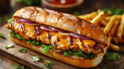 Delicious grilled chicken sandwich served with french fries close up shot
