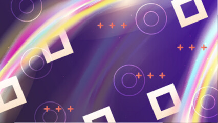 Obraz premium Abstract artwork with pastel rainbow swirls, squares, circles, and plus signs suitable for design projects, backgrounds, and artistic concepts.