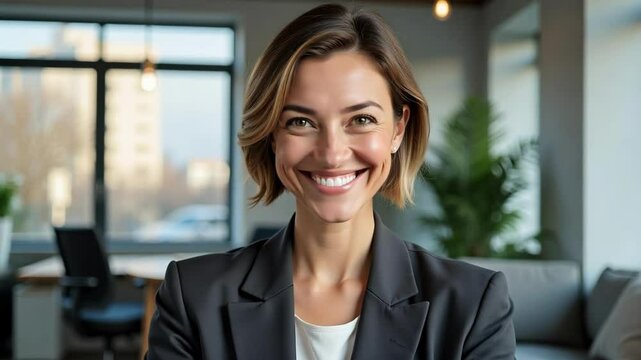 A sophisticated French businesswoman in her middle age radiates confidence and calm with a gentle smile in a modern, bright office setting.