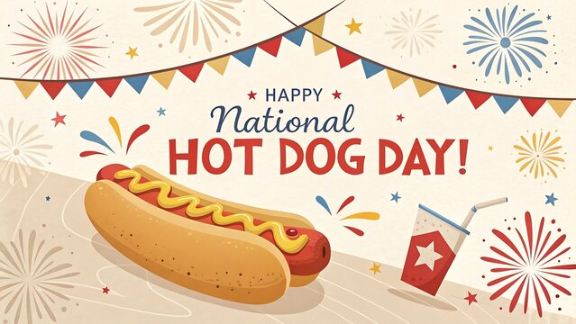 Celebrate national hot dog day with a delicious hot dog and drink surrounded by festive fireworks and bunting - Powered by Adobe