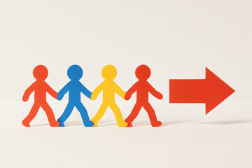 Line of red, blue, and yellow paper figures walking toward a common goal, symbolizing teamwork, minimal design