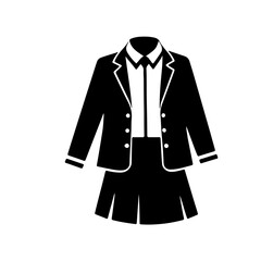 School Uniform Icon. A simple black and white icon depicting a classic school uniform, including a blazer, collared shirt, and pleated skirt. Ideal for educational themes, academic institutions