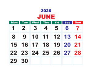 June 2026 calendar layout, editable printable monthly planner with clear grid and minimal typography design