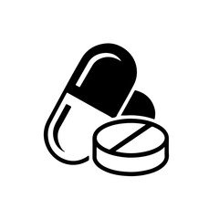 Medicine Pills and Capsule Icon. A clear and solid black vector icon depicting a combination of a capsule and a tablet pill. This versatile graphic is ideal for themes related to pharmaceuticals