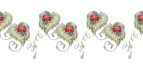 Watercolor seamless border with red ladybug on leaves with water drop on white background. Hand-drawn summer bloom flower chamomile plant for card. Rim for wedding invite. Wallpaper and wrapping © NatashaKun