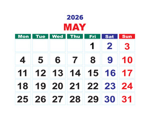 May 2026 calendar template, simple printable planner layout with clean typography and weekday color grid