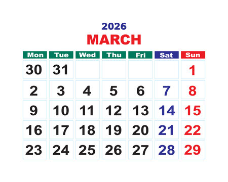 March 2026 calendar page template, simple editable monthly layout with weekday and weekend color coding