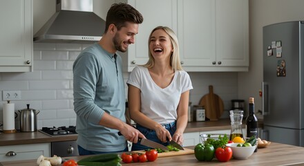 A happy couple laughing while preparing vegetables in a modern kitchen.