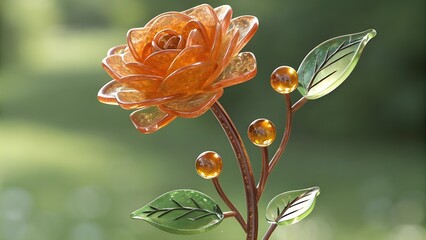 Amber Glass Rose with Green Leaves and Buds glass flower