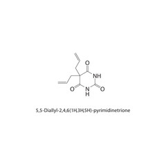 5,5-Diallyl-2,4,6(1H,3H,5H)-pyrimidinetrione skeletal structure. Pyrimidine derivative compound schematic illustration. Simple diagram, chemical formula. © Basstock