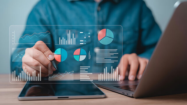 Person using stylus on tablet analyzing digital marketing data charts graphs bar graphs pie - Powered by Adobe