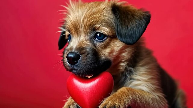 Puppy Love: An adorable puppy holds a vibrant red heart in its paws, radiating affection with its expressive eyes in a heartwarming close-up.