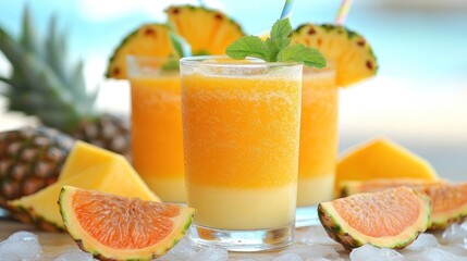 Two glasses of refreshing pineapple and mango smoothie garnished with pineapple slices and mint, served on ice with fresh fruit.