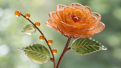 Orange glass rose with dew drops on green leaves orange flower