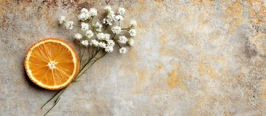 Elegant stillness: Dried orange slice alongside delicate baby's breath on a textured surface