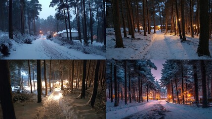 Snowy Forest Roads at Night Landscapes with Trees, Houses, and Streetlights.