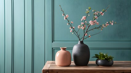 Pink Blossom Branch in Dark Vase with Peach Vase and Green Plant