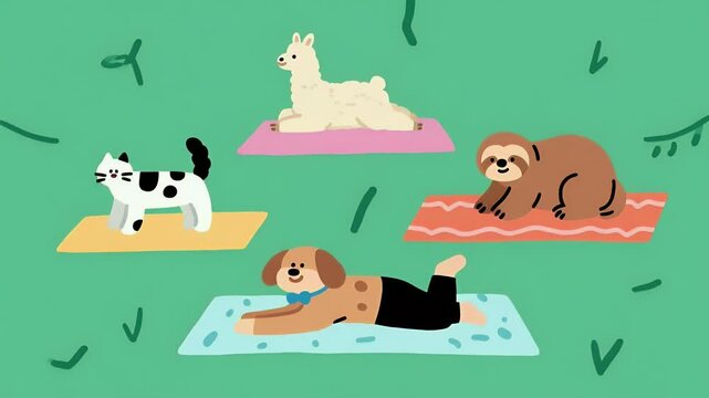 Animals Doing Yoga: Cat, Dog, Llama, Sloth Cartoon Illustration