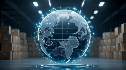 Global trade small business. Glowing digital globe with network connections floating warehouse filled with stacked cardboard boxes symbolizing global logistics technology - Powered by Adobe