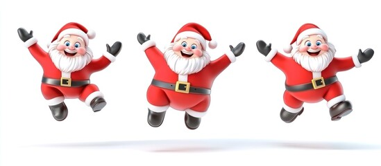 Three cheerful santa claus figures jumping with glee, holiday joyful celebration