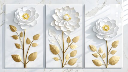 Three white flowers with gold leaves on marble background