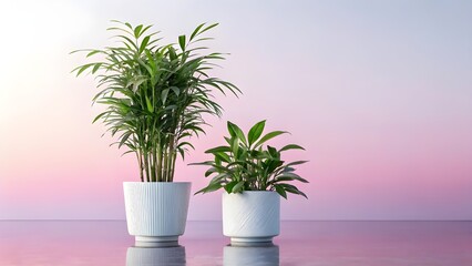 Two Green Potted Plants on Reflective Surface with Gradient Sky