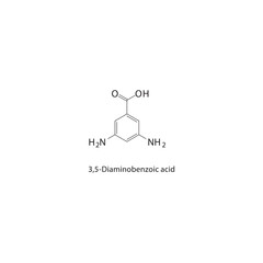 3,5-Diaminobenzoic acid skeletal structure. Aminobenzoic acid compound schematic illustration. Simple diagram, chemical formula.