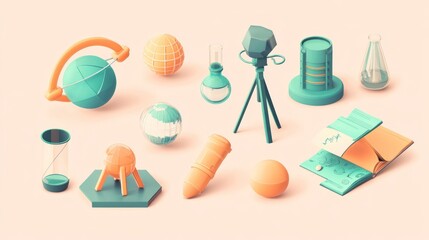 Whimsical collection of simplified scientific and exploratory equipment and tools