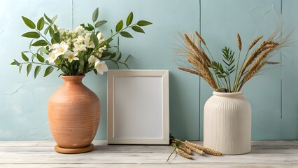 Two vases with flowers and wheat next to a blank picture frame