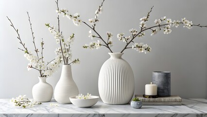White Cherry Blossoms in Ribbed Vases on Marble Surface