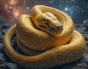 Portrait of a yellow snake on a rock with a space background. AI generated